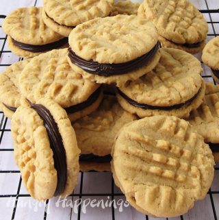 Peanut butter cookies sandwiched together with chocolate ganache filling.