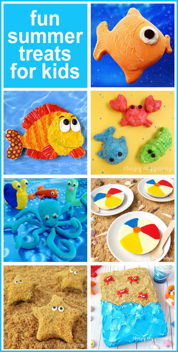 Fun summer themed snacks and deserts for kids including beach ball cheesecakes, veggie pizza fish, rice krispie treat crabs and crocodiles and more. 