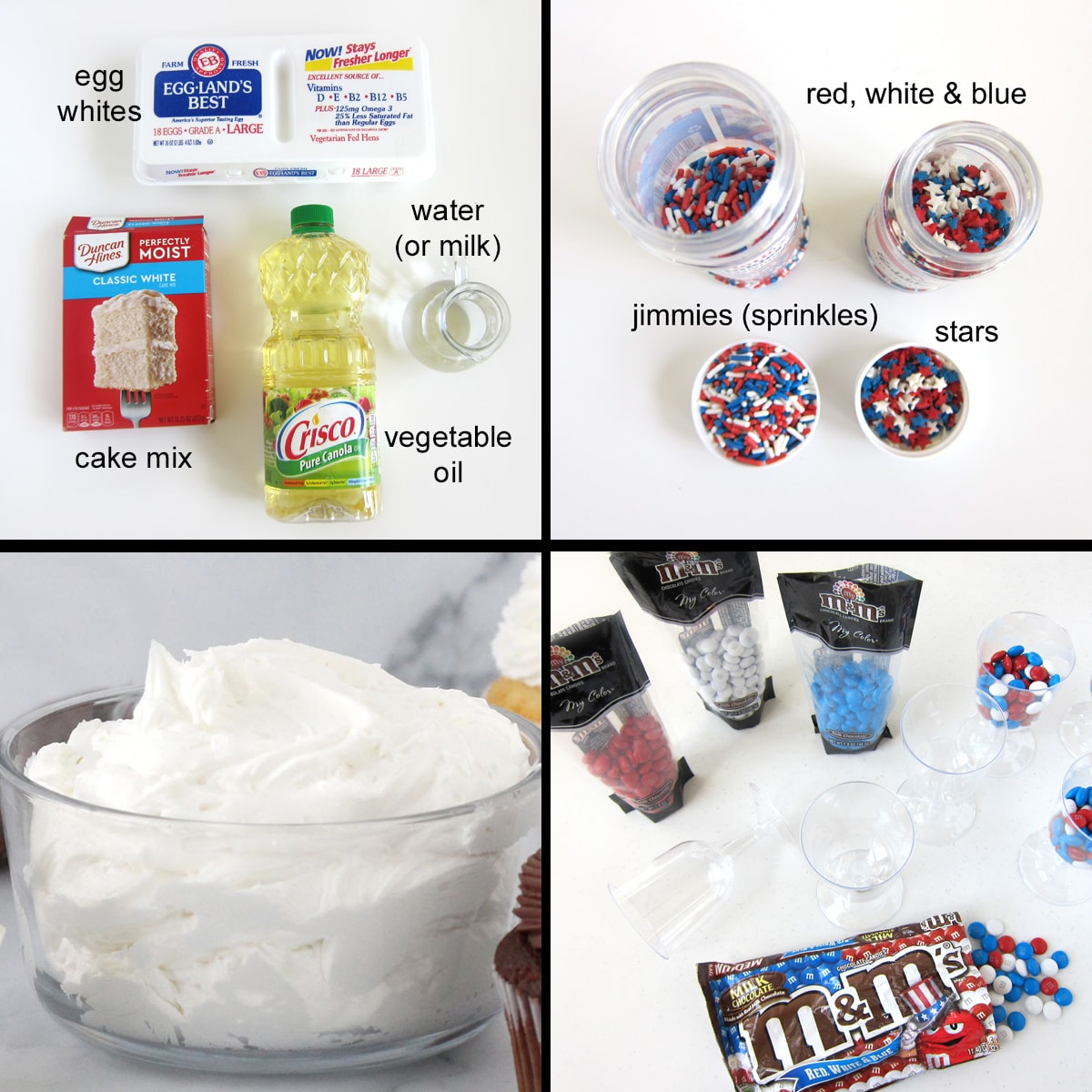 4th of July cupcakes recipe ingredients including cake mix, egg whites, oil, sprinkles, frosting, and M&M's.