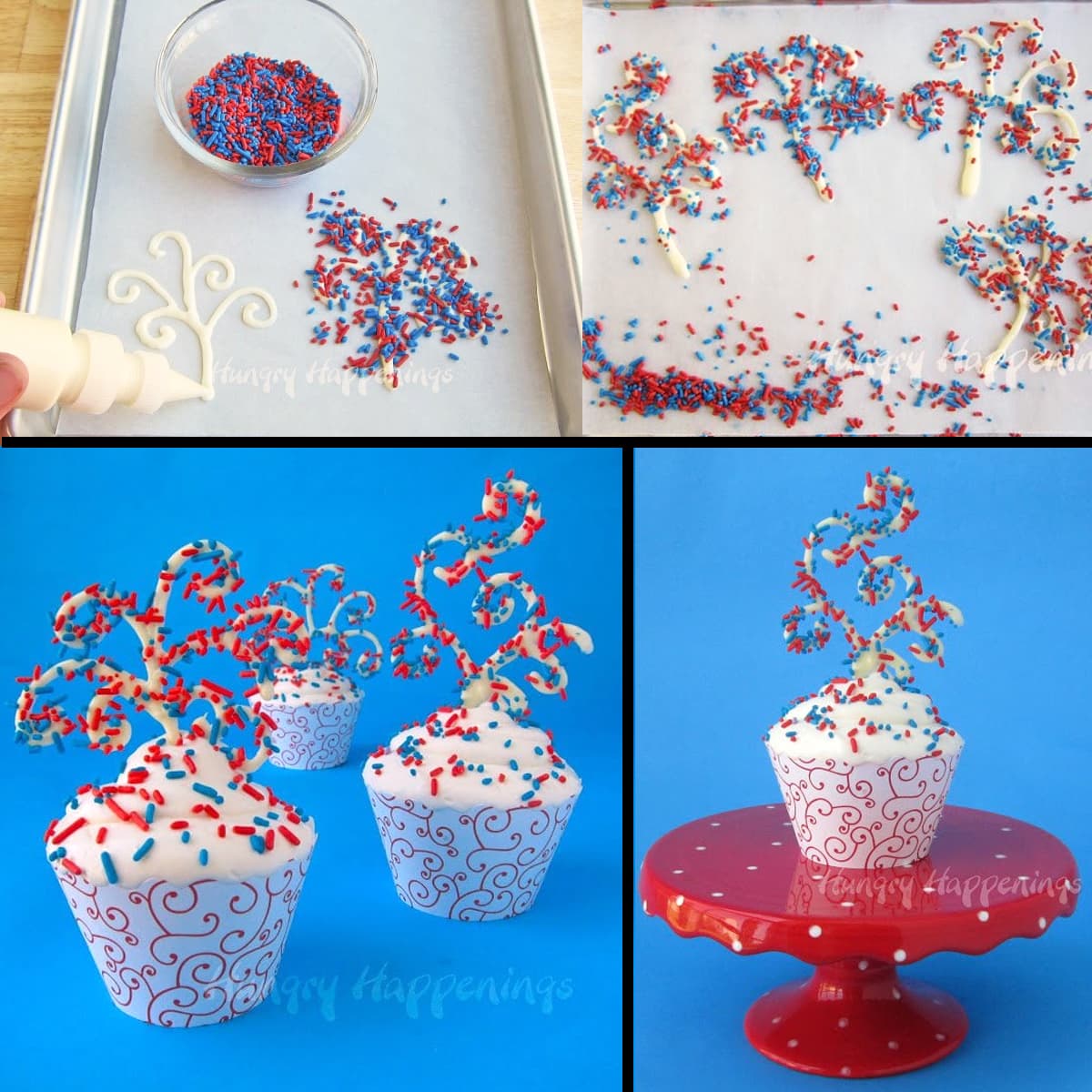 red, white, and blue 4th of July cupcakes topped with white chocolate fireworks topped with red, white, and blue sprinkles.