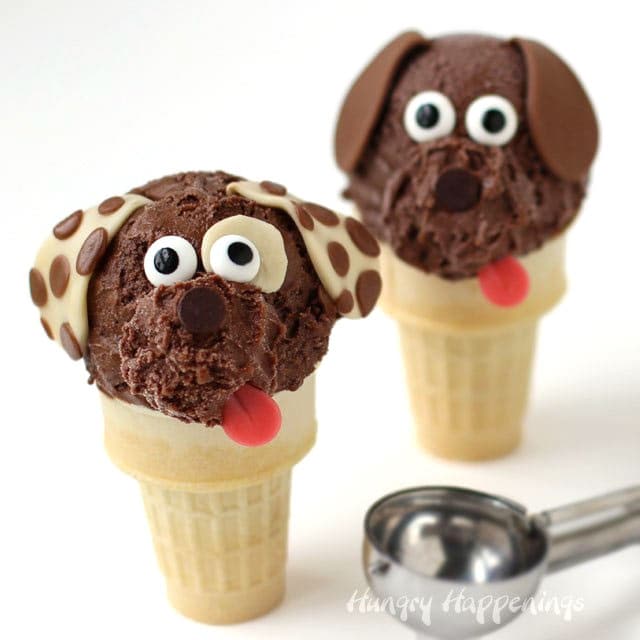 Chocolate cashew milk ice cream cone puppies decorated using candy.