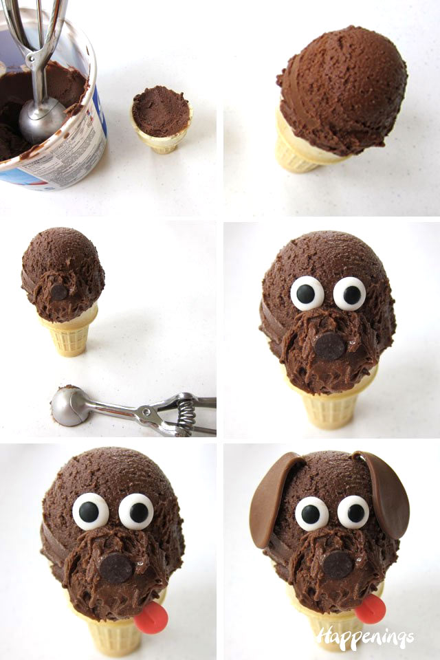 scoop chocolate cashew milk ice cream onto a sugar cone then add candy eyes, nose, ears, and tongue to create adorable puppies