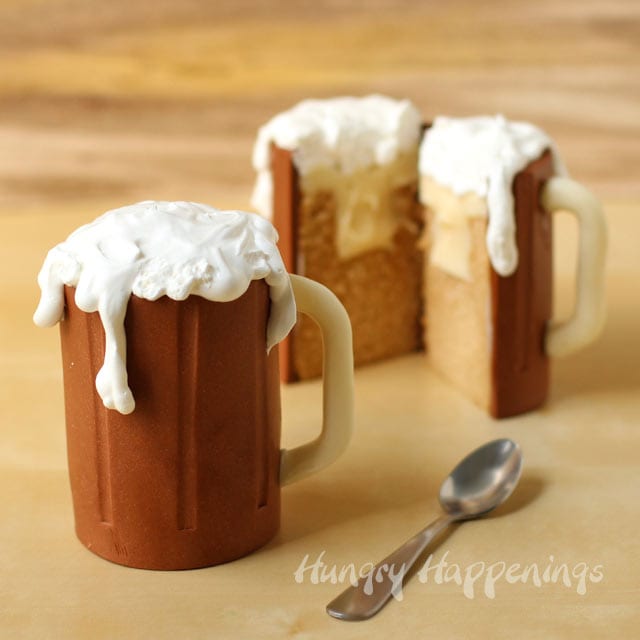 Root Beer Mug Cakes filled with vanilla ice cream ganache and topped with foamy whipped cream