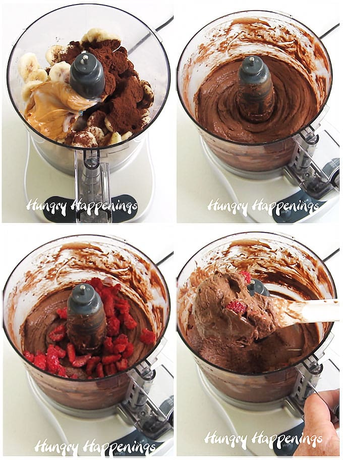 make banana ice cream with peanut butter, cocoa powder, and raspberries in a food processor