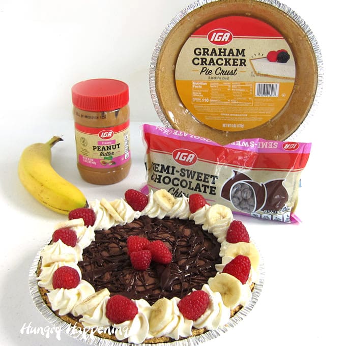 frozen banana ice cream pie with peanut butter, chocolate, and raspberries is created using products from IGA