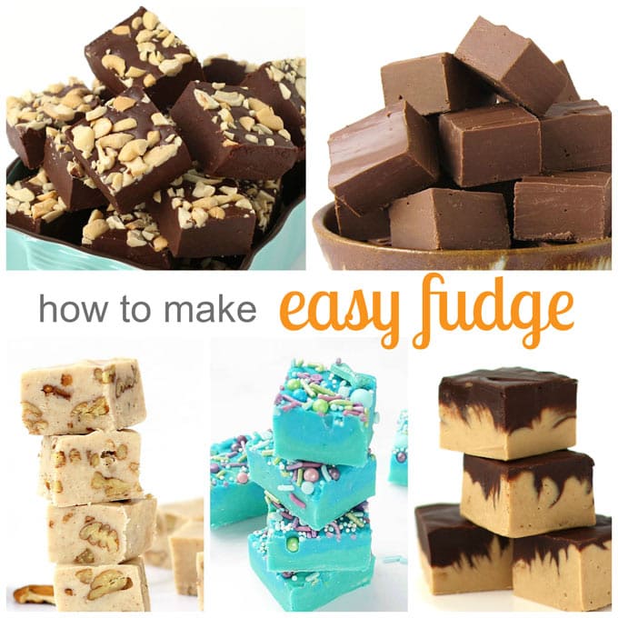 how to make easy fudge featured image with cashew, chocolate hazelnut, butter pecan, mermaid, and chocolate peanut butter fudge pictures