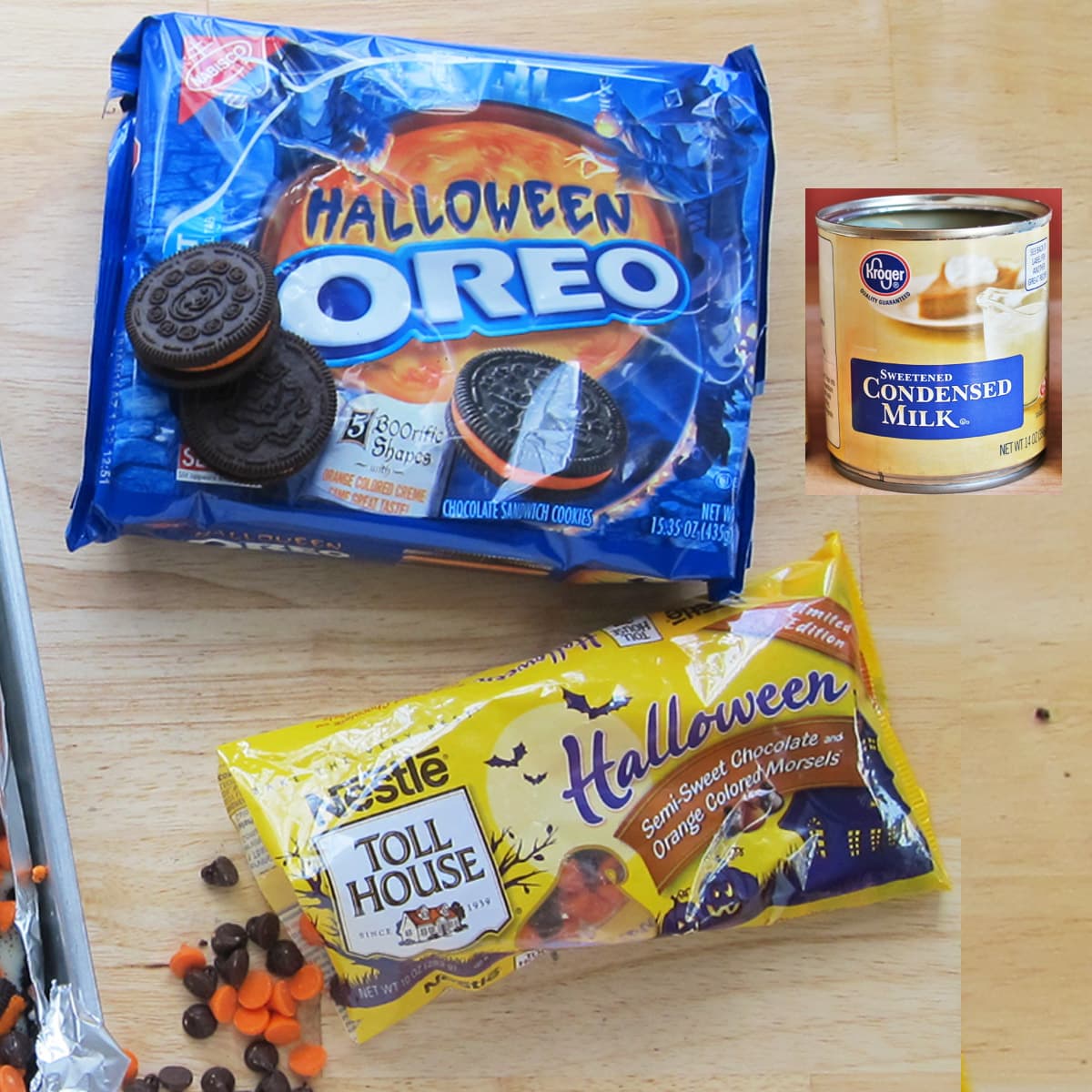 Halloween OREO Cookies, Nestle Halloween Chocolate Chips, and sweetened condensed milk.