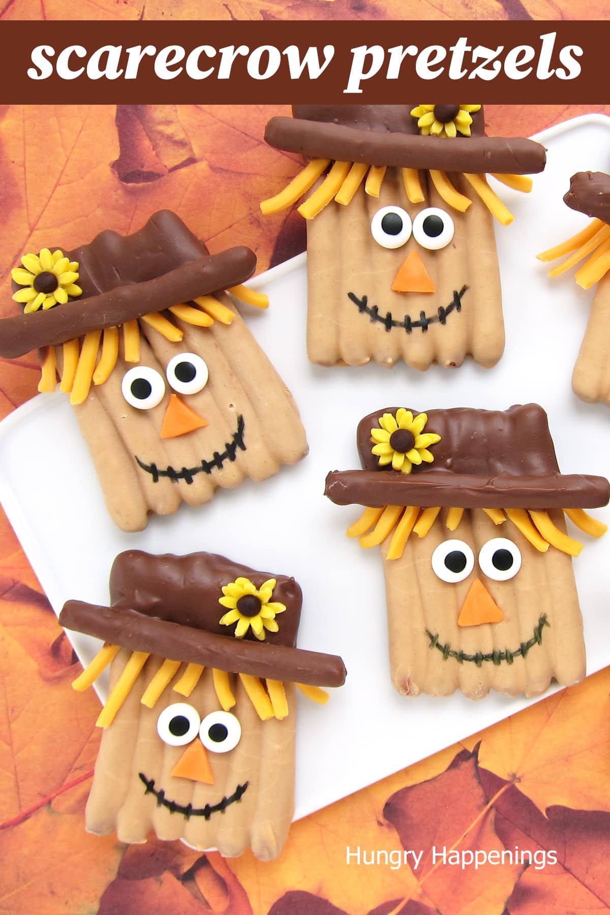 scarecrow pretzels decorated with modeling chocolate.