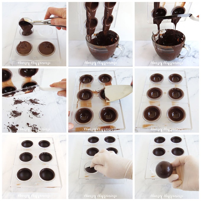 Fill half-sphere cavities with chocolate then invert and allow the excess chocolate to drip out. Scrape the top edge of each chocolate sphere and allow to harden before removing the chocolates from the mold.