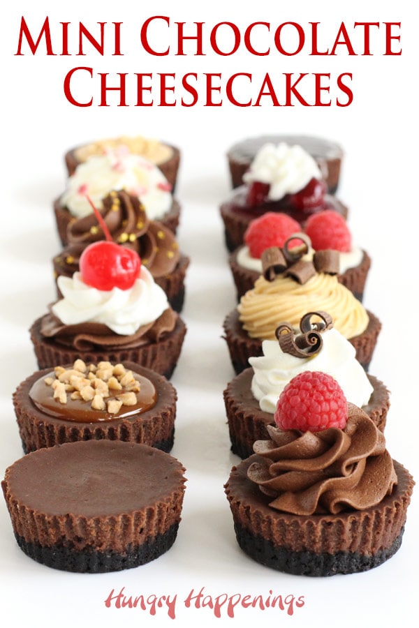 Chocolate cheesecake cupcakes are topped with a variety of toppings including chocolate ganache, peanut butter mousse, caramel, whipped cream, cherry sauce, and more.