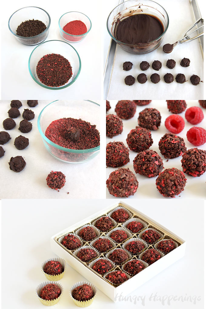 Scoop the raspberry chocolate ganache and roll in chocolate shavings and crushed freeze-dried raspberries.