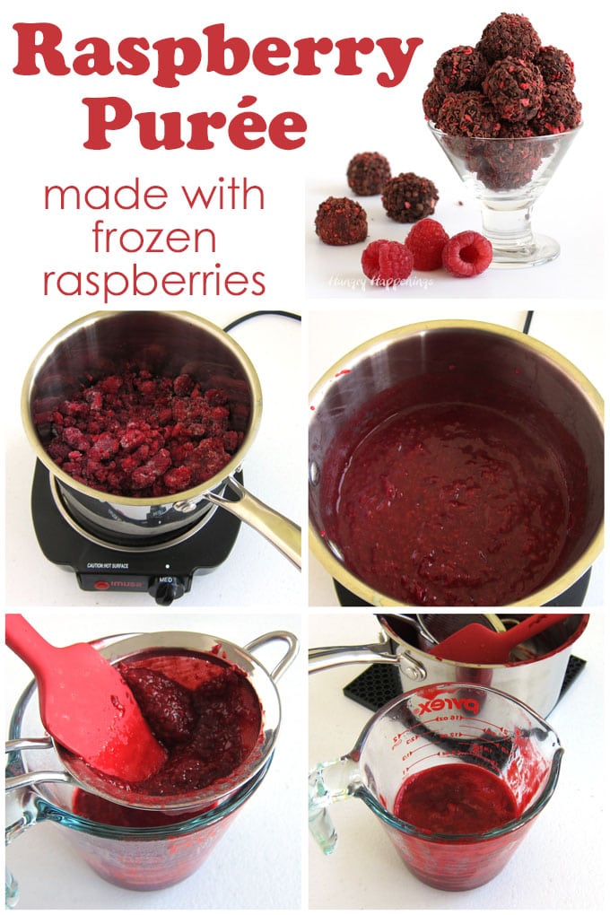 Cook frozen raspberries, smash them, press them through a sieve, to make raspberry puree.