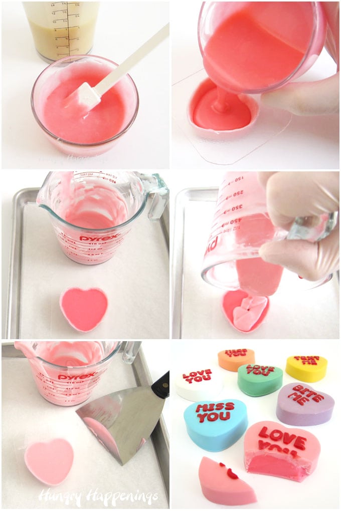 pour pink-colored white chocolate ganache into a pink heart-shaped chocolate shell then top with more chocolate