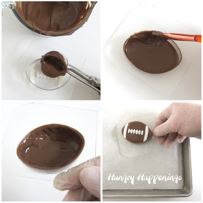 Brush milk chocolate on the inside of a football candy mold to create a shell for a hot chocolate bomb.