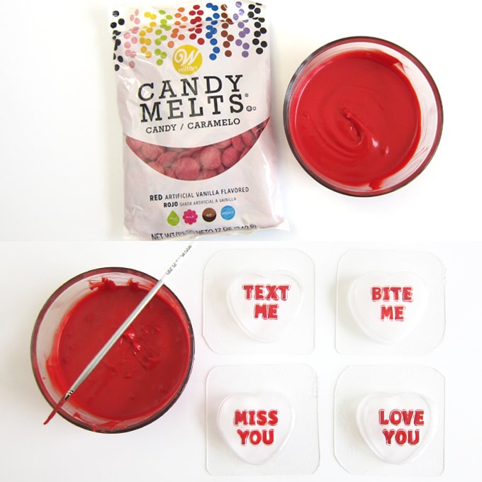 paint red candy melts into the letters in conversation heart molds