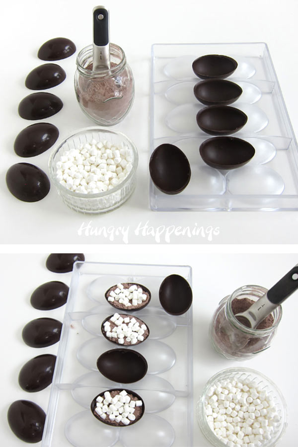Fill the egg-shaped chocolate shells with hot chocolate mix and dehydrated marshmallows.