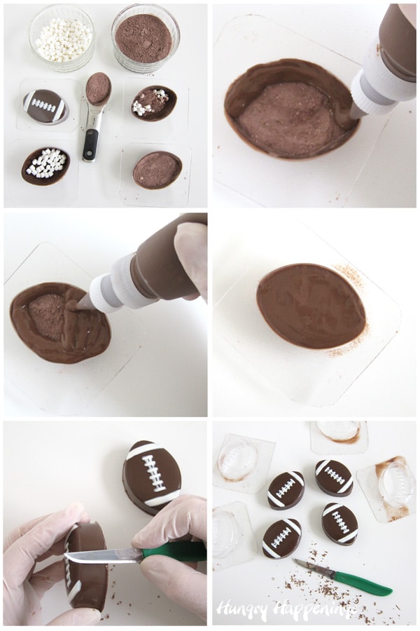 Fill football chocolates with hot cocoa mix and dehydrated marshmallows then cover with melted milk chocolate before unmolding.