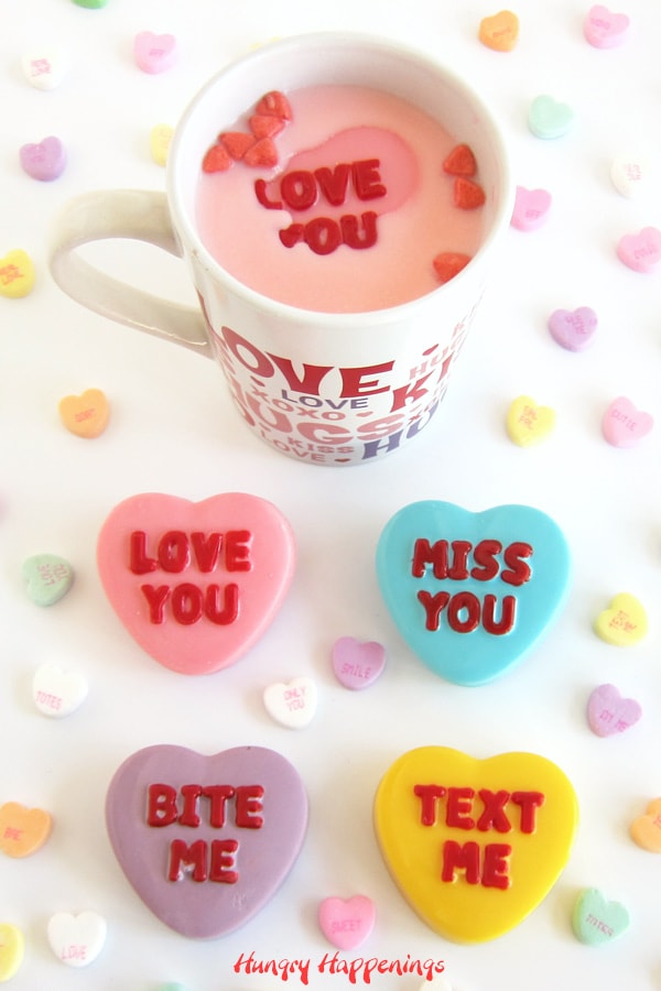 Make a mug of hot cocoa using Conversation Heart Hot Chocolate Bombs