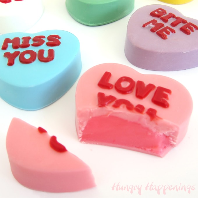 orange, green, yellow, blue, purple, and pink conversation heart truffles for Valentine's Day