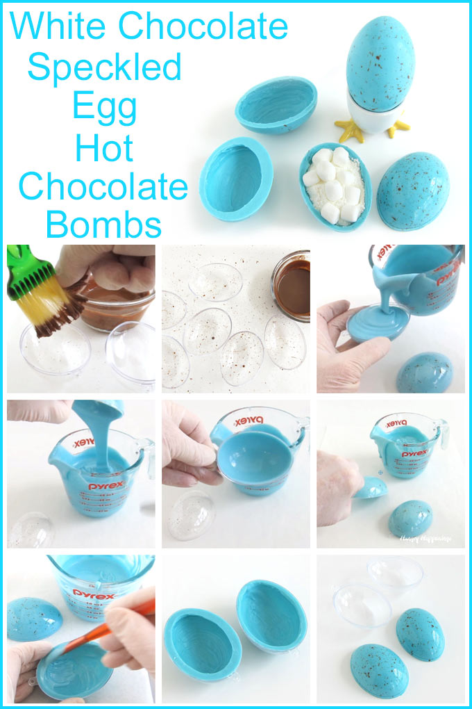 Splatter chocolate into a plastic Easter egg mold then pour blue candy melts into the mold, dump, scrape, and chill to create chocolate speckled robin's eggs. 