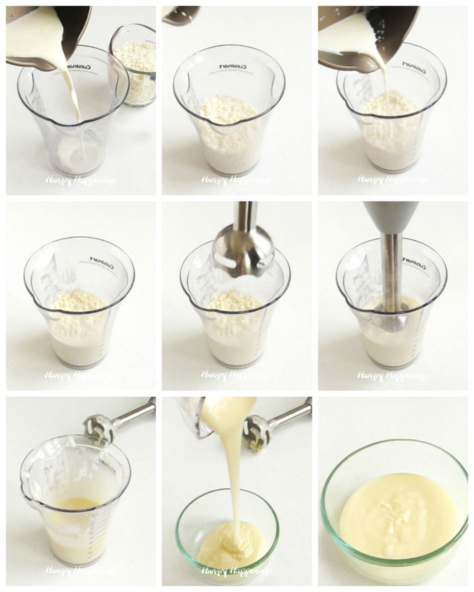 make white chocolate ganache using white chocolate, hot cream, and an immersion blender