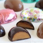 Dark chocolate caramel eggs and milk chocolate caramel eggs can be wrapped in colored foil candy wrappers for Easter.