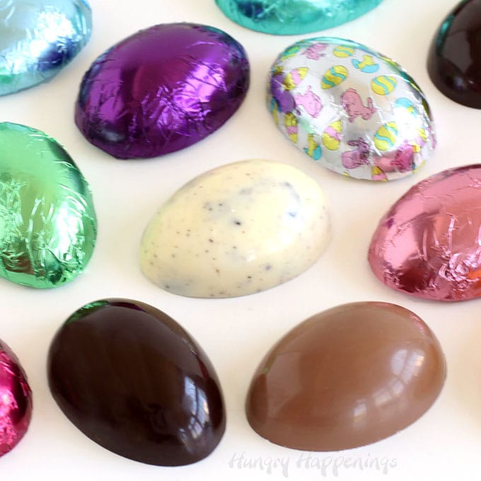 Fill homemade chocolate eggs with cookies, pretzels, toffee bits, peanuts, Rice Krispies Cereal, and more.