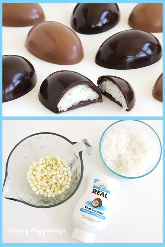 Ingredients to make coconut cream eggs including white chocolate chips, unsweetened coconut, and Cream of Coconut