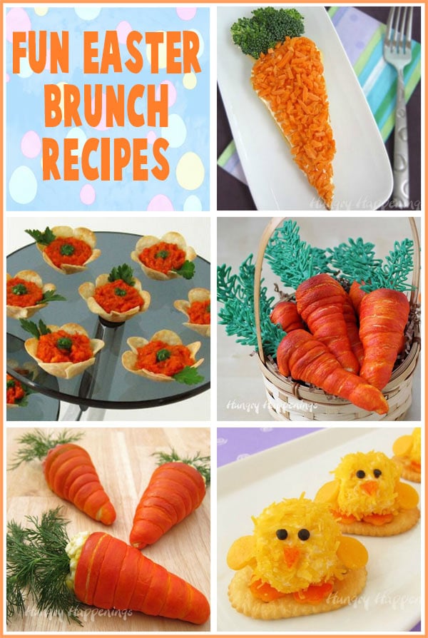 Fun Easter brunch recipes including Cheese Ball Chicks, Crescent Roll Carrots, and Easter appetizers.