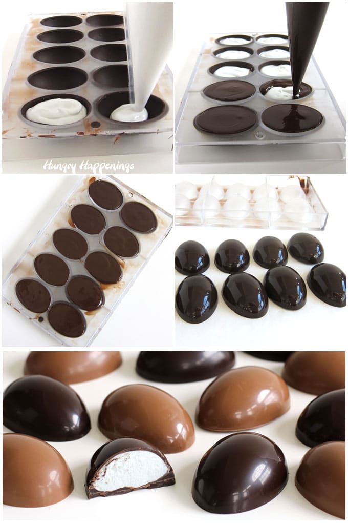 Fill chocolate eggshells with homemade marshmallow filling then top with chocolate, harden, and unmold. 