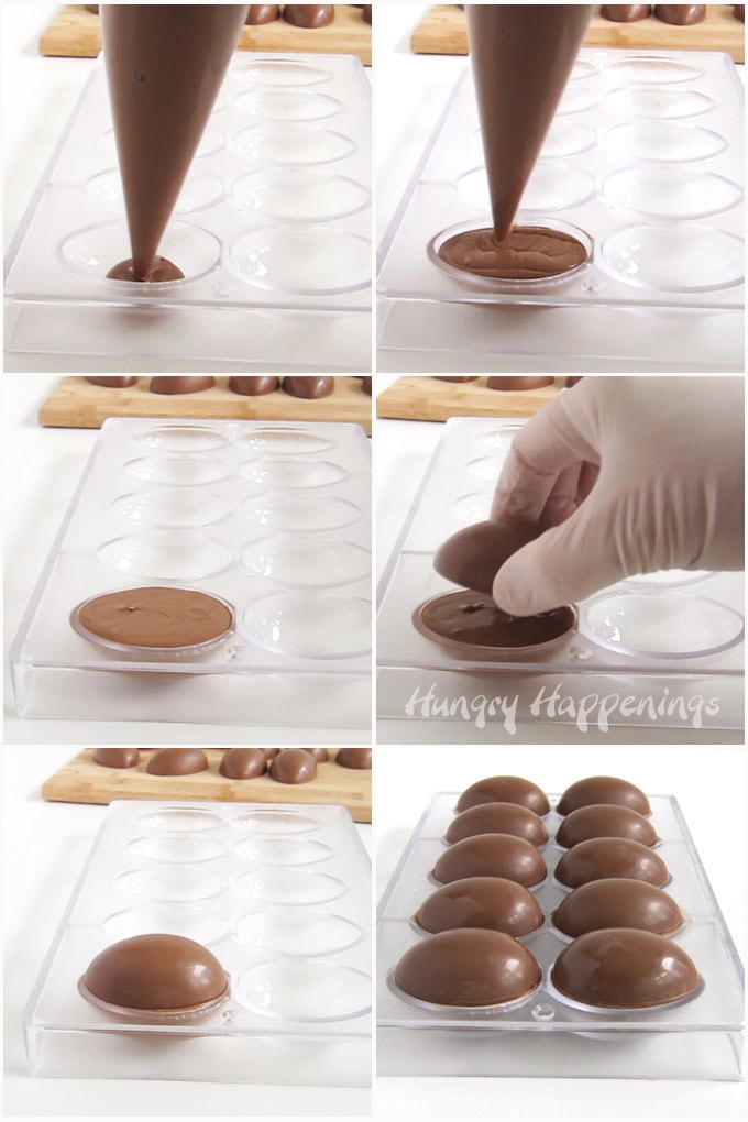 Pipe chocolate into an egg-shaped cavity in a candy mold, then set another half of a chocolate egg over top to seal the two halves together. 