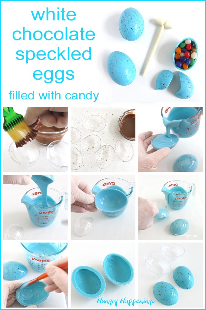 Making speckled chocolate eggs using a plastic egg-shaped ornament and blue and light cocoa candy melts.