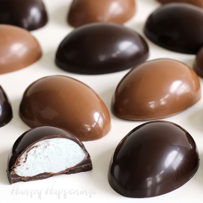 Dark and milk chocolate eggs filled with homemade marshmallows.