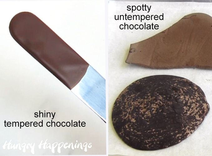 tempered chocolate is shiny but untempered chocolate is spotty or streaky