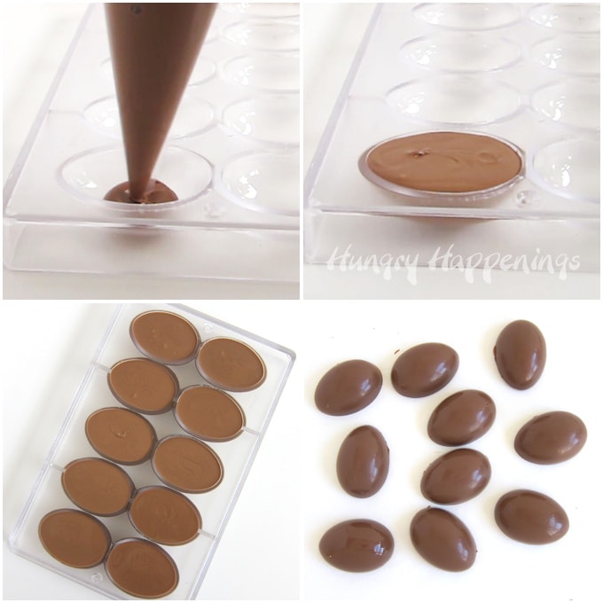 Pipe chocolate into an egg mold then allow the chocolate to harden and unomld.