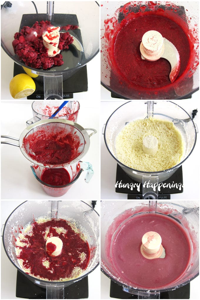 Puree frozen raspberries, lemon juice, and sugar then heat it and pour it over white chocolate to create raspberry ganache.