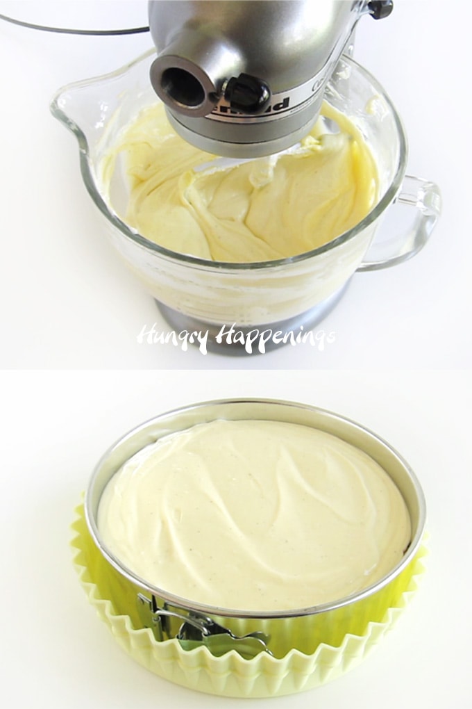 Cheesecake batter in Kitchen Aid Mixer and in a springform pan inside an Easy Bath Cheesecake Wrap