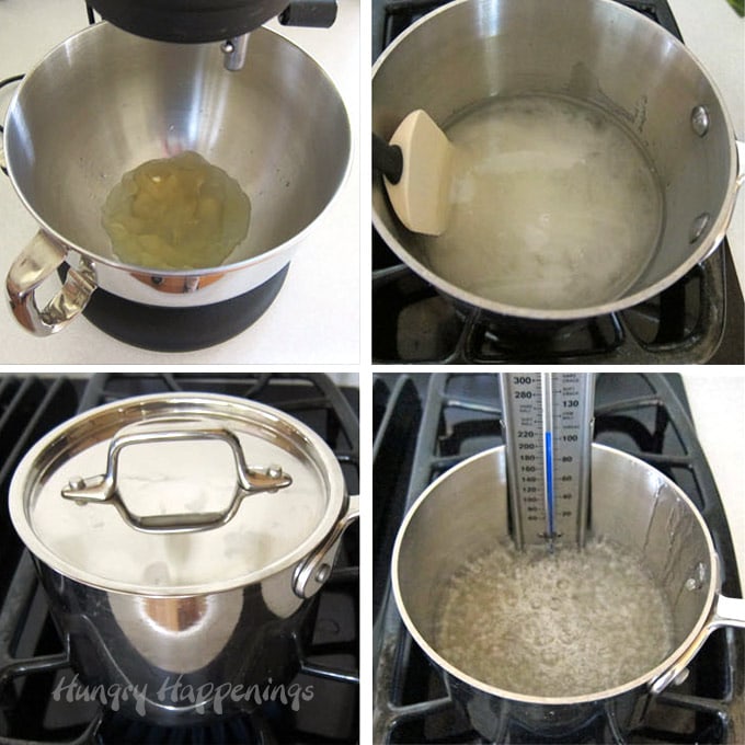 Bloom gelatin in water then boil sugar, water, and corn syrup to 240 degrees.