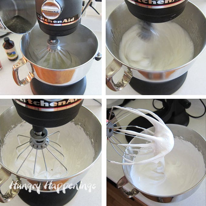 Make homemade marshmallows by whipping the sugar syrup and gelatin in a stand mixer until the marshmallow is light and fluffy.