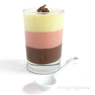 chocolate, strawberry, and vanilla Neapolitan pudding parfaits