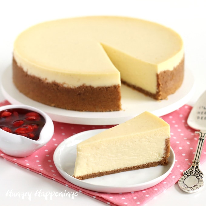 The best cheesecake recipe made with cream cheese, sugar, sour cream, vanilla, and eggs.