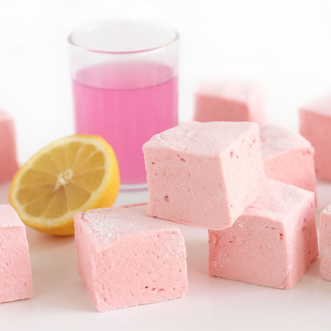 Strawberry Lemonade Marshmallows made using real strawberries and freshly squeezed lemons.