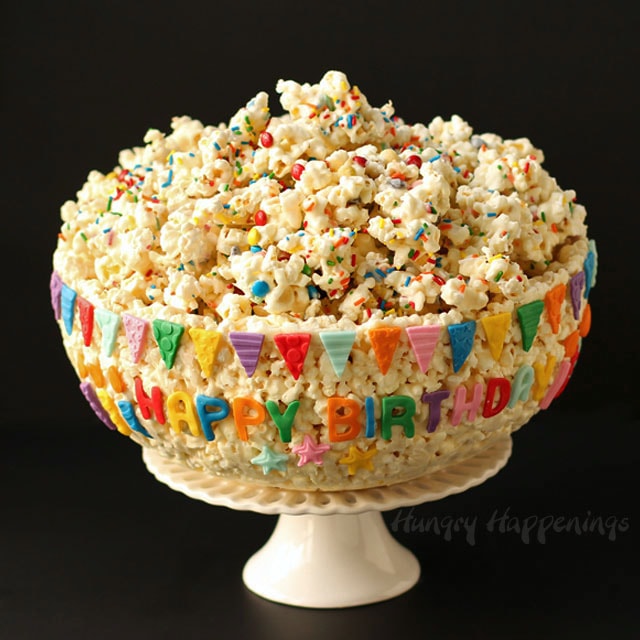 Happy Birthday Popcorn Bowl filled with white chocolate popcorn