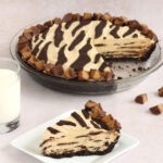 Tiger Pie - no bake peanut butter pie layered and decorated with chocolate ganache and peanut butter cups.