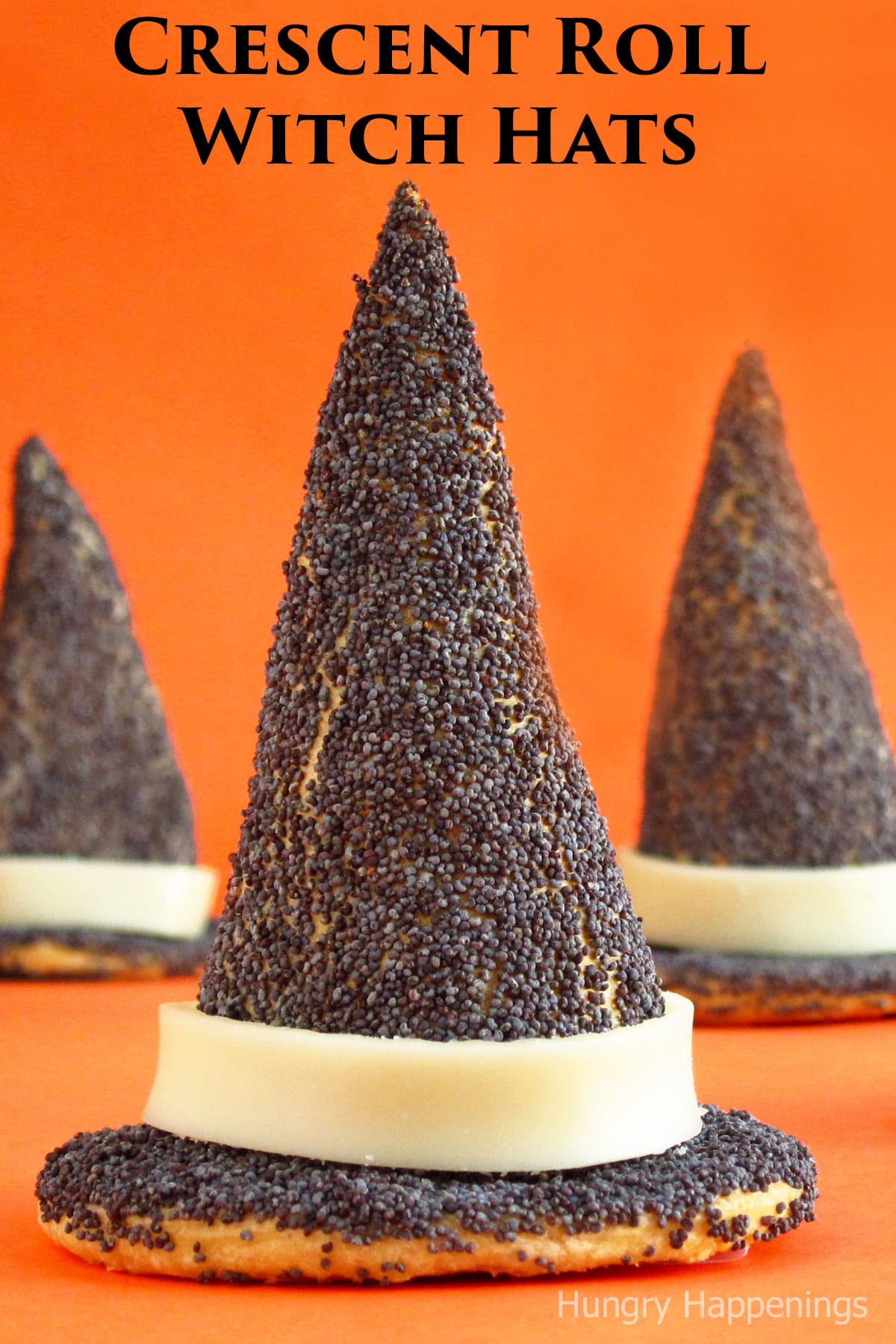 poppy seed-covered crescent rolls shaped like witch hats. 
