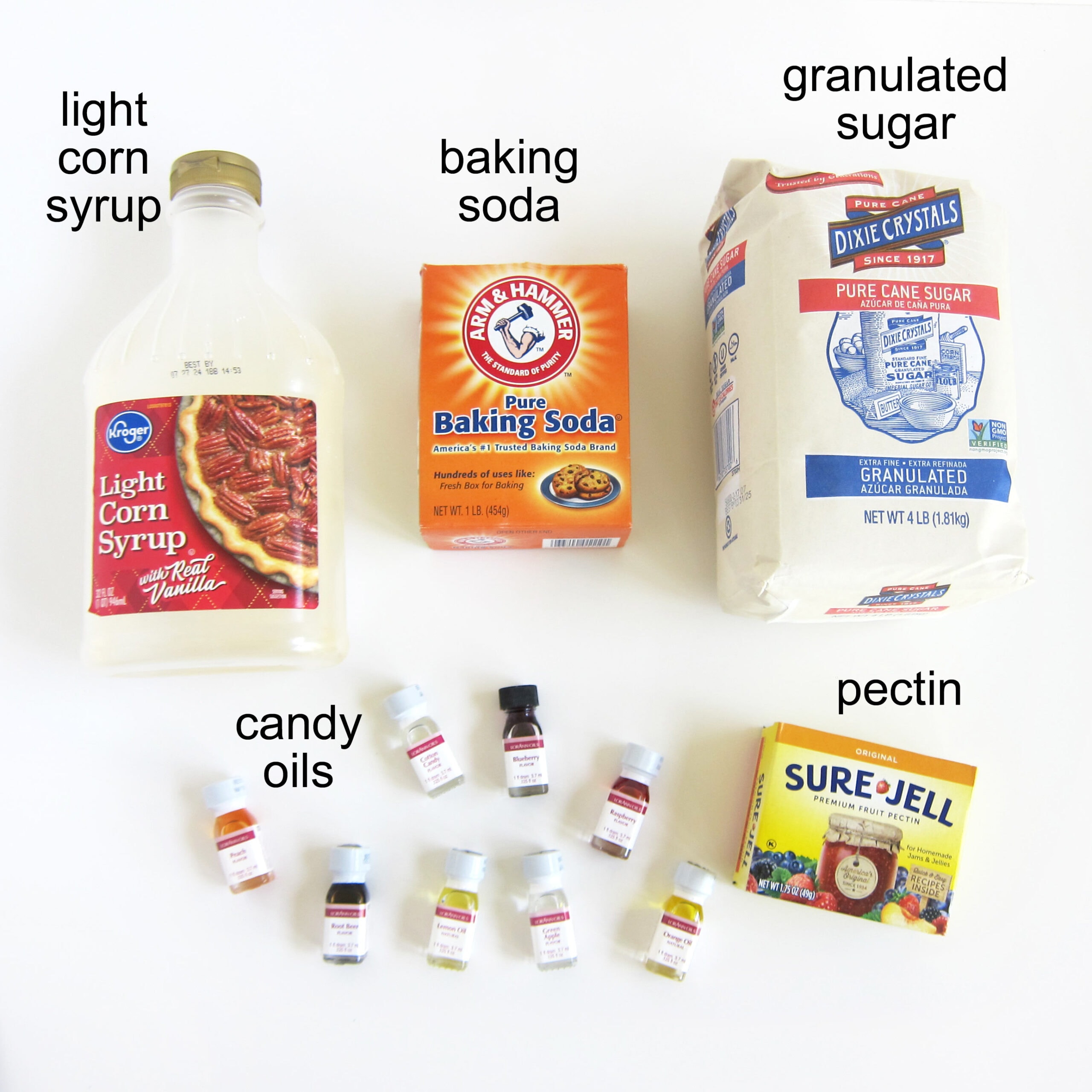 homemade gumdrops ingredients including corn syrup, baking soda, sugar, pectin, and candy oils.