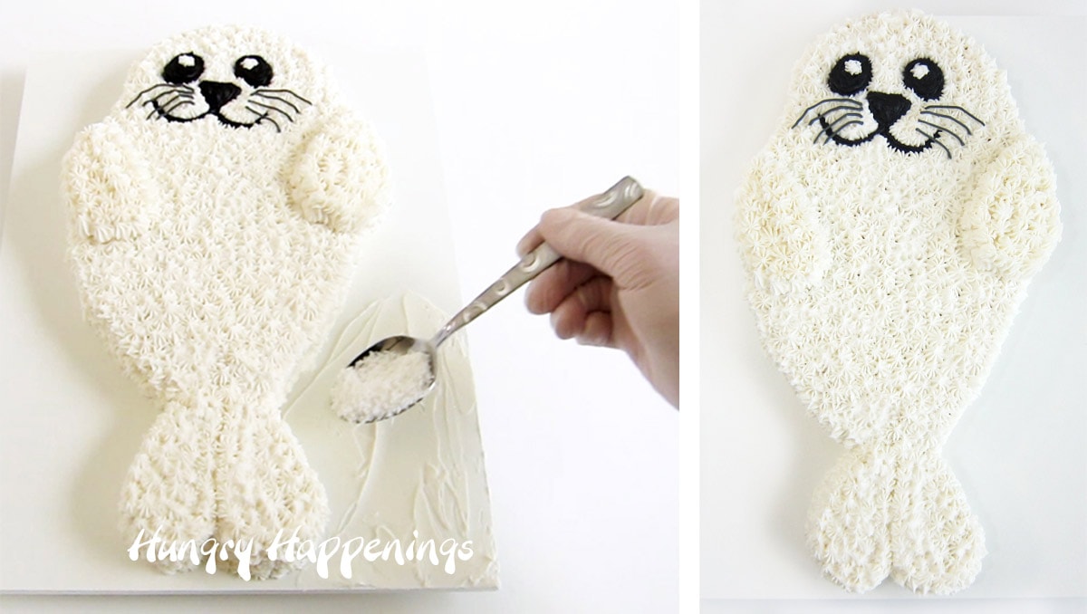Seal Cake board covered with edible coconut snow.