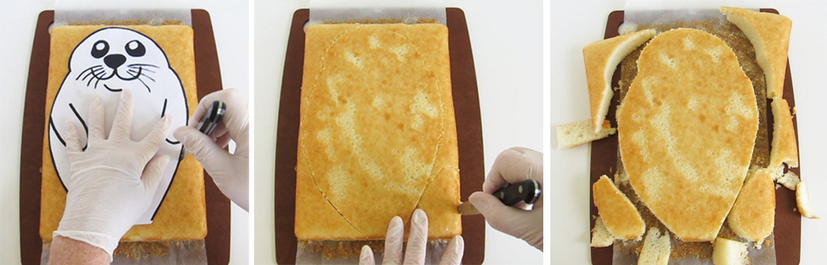 Cutting out a 9x13-inch cake using a printable seal template.