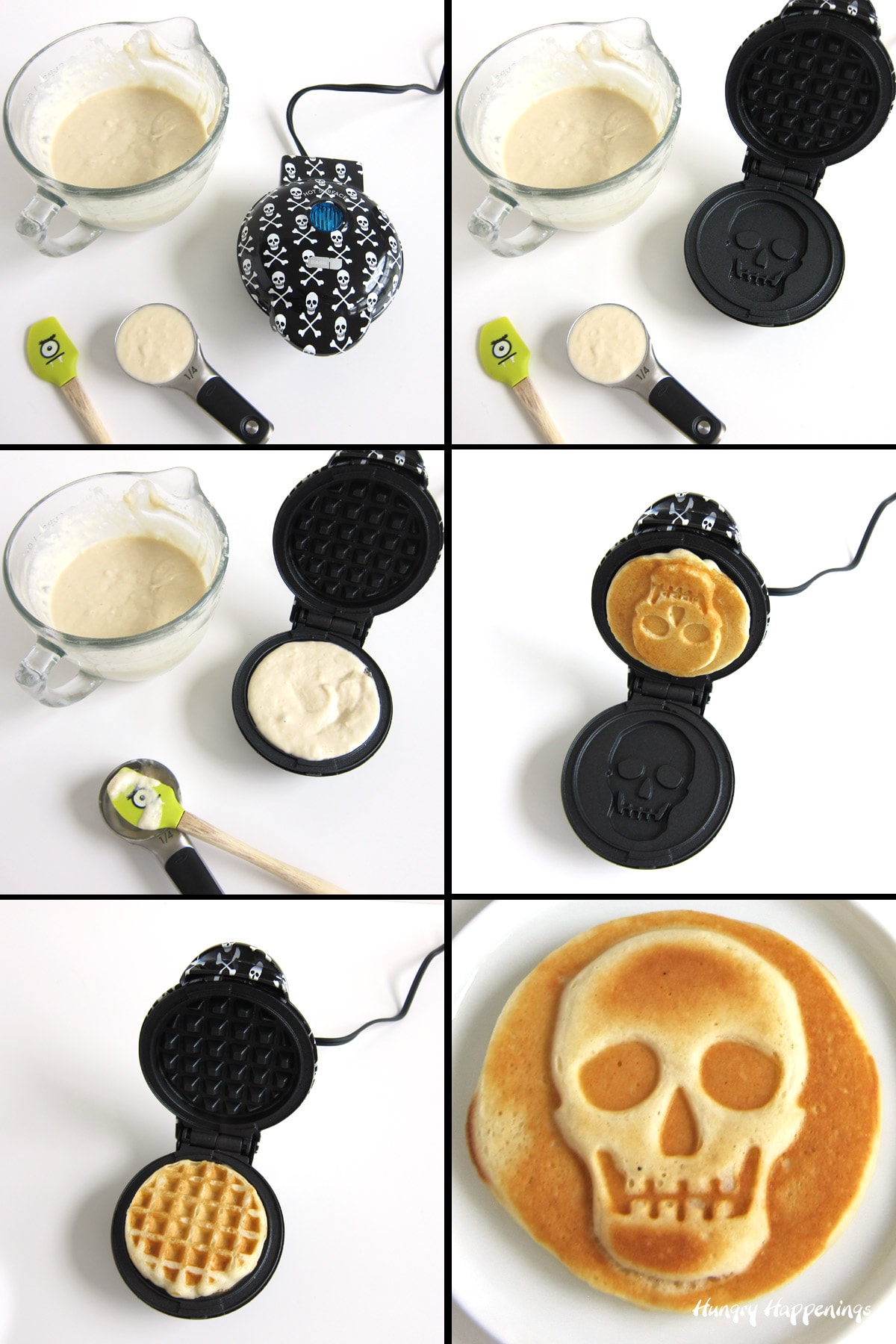 Fill a mini skull waffle maker with waffle batter to create skull waffles for Halloween.