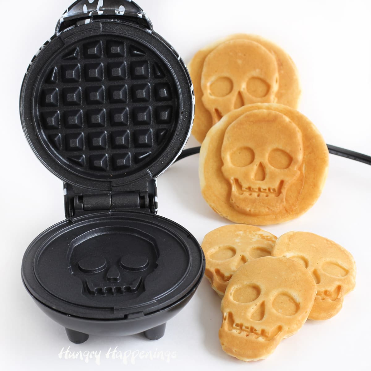 Round and skull-shaped waffles made using a mini skull waffle maker.